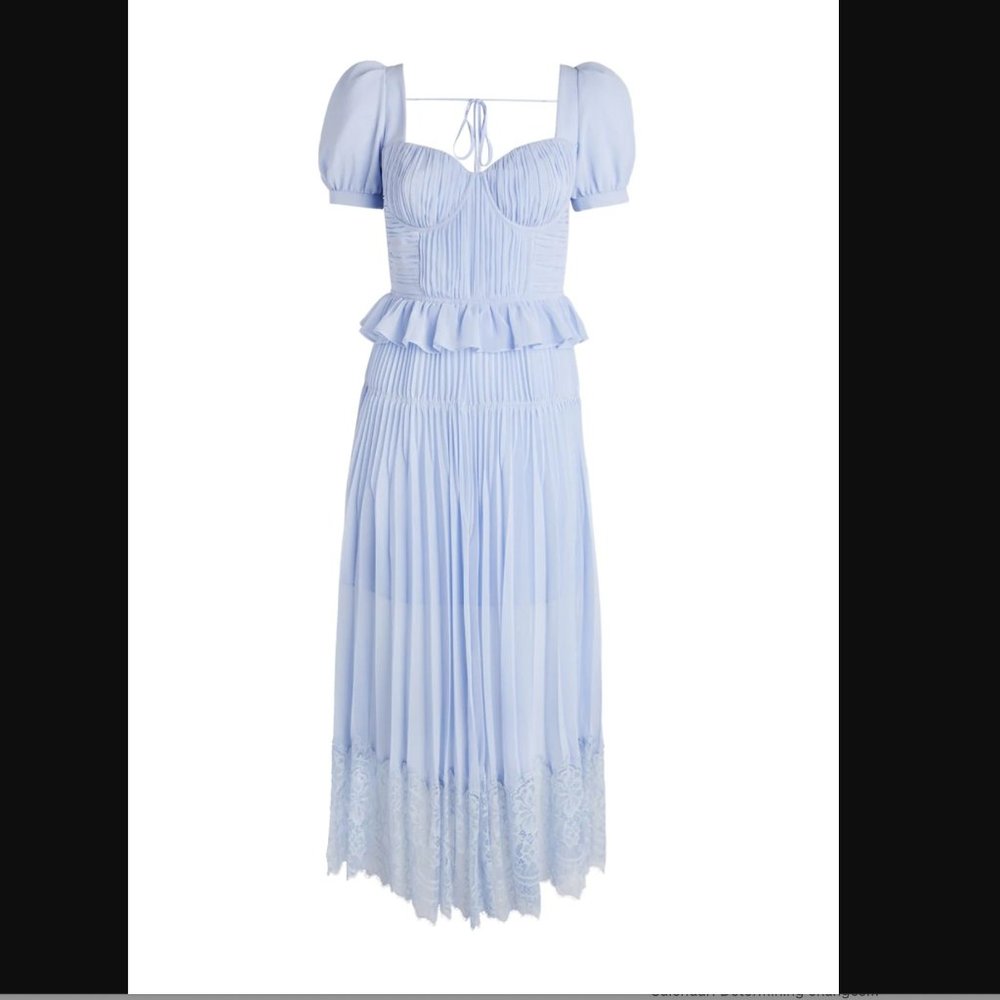 NWT Self-Portrait Blue Short Sleeve Chiffon Midi Dress Size 0